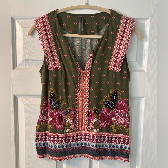 Anthropologie Green and Pink Floral Top Size M - Picture 1 of 9